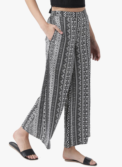 Black and White Tribal Print Wide Leg Trousers for Women