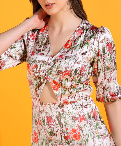 White Floral Print Cut-Out Midi Dress with Puff Sleeves – Boho Summer Dress for Women