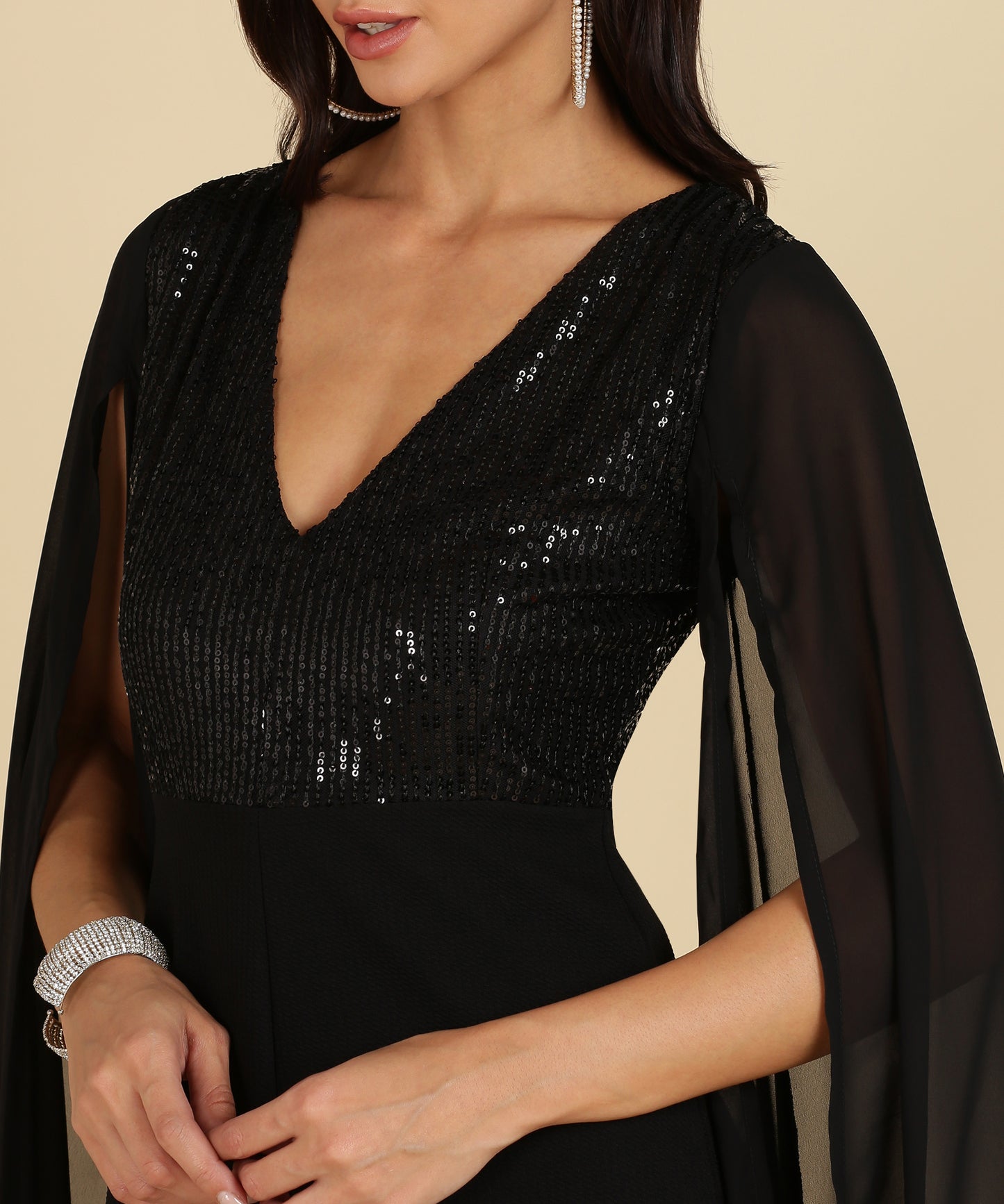 Black Sequin Glam Jumpsuit with Cape Sleeves – Party Night Ready