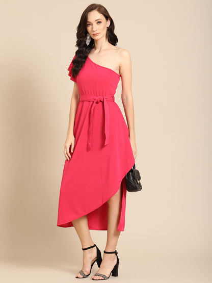 Elegant One-Shoulder Pink Midi Dress with Waist Tie – Perfect for Parties & Events