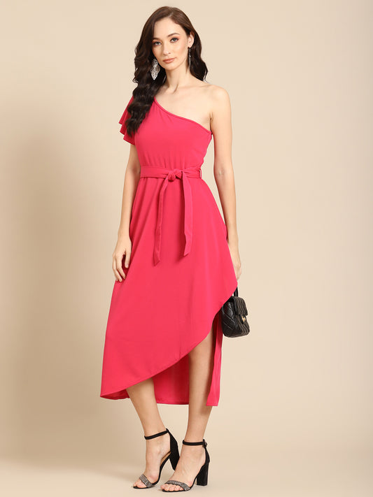 Elegant One-Shoulder Pink Midi Dress with Waist Tie – Perfect for Parties & Events