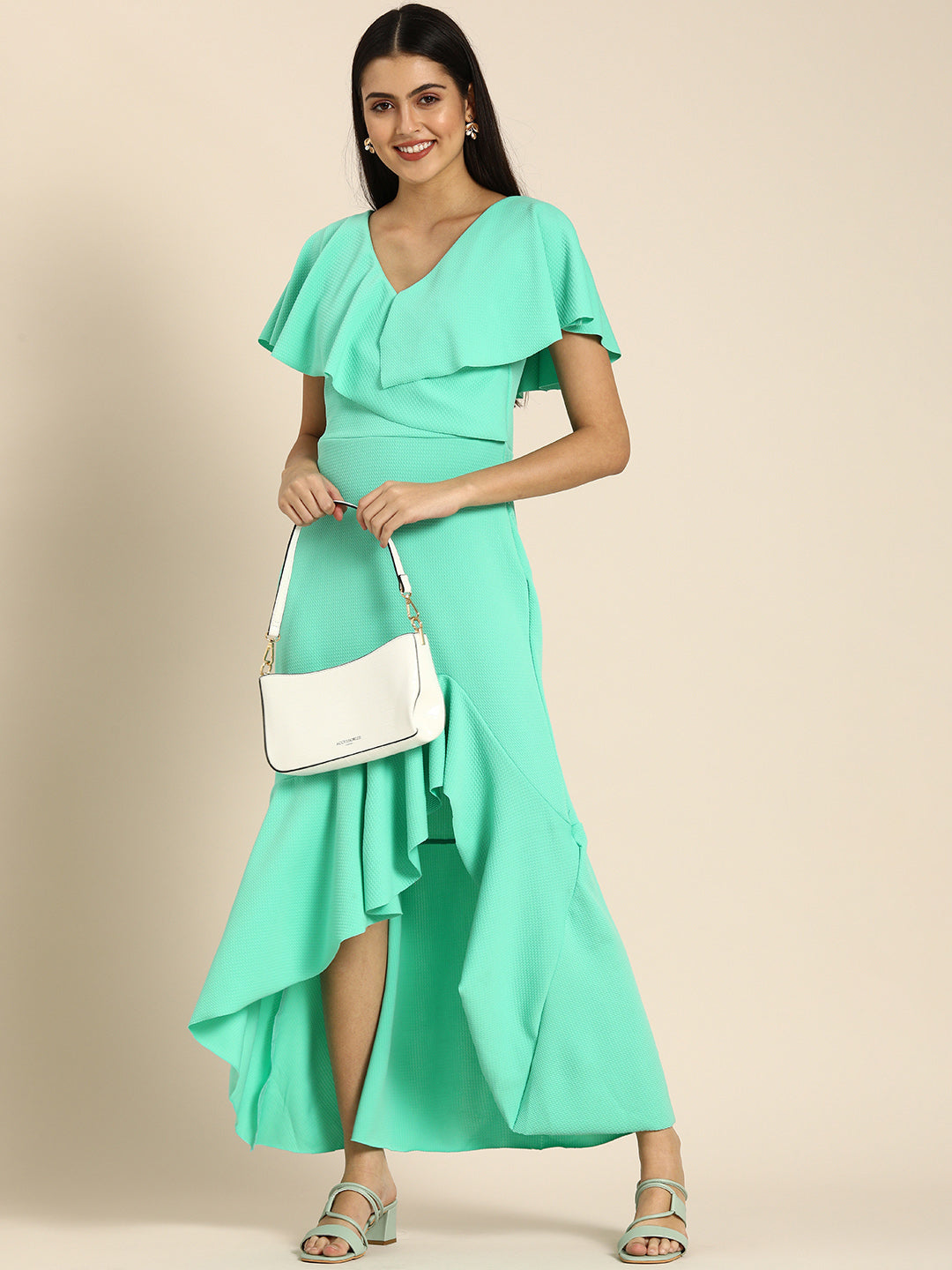Mint Green Ruffle Sleeve High Low Maxi Dress