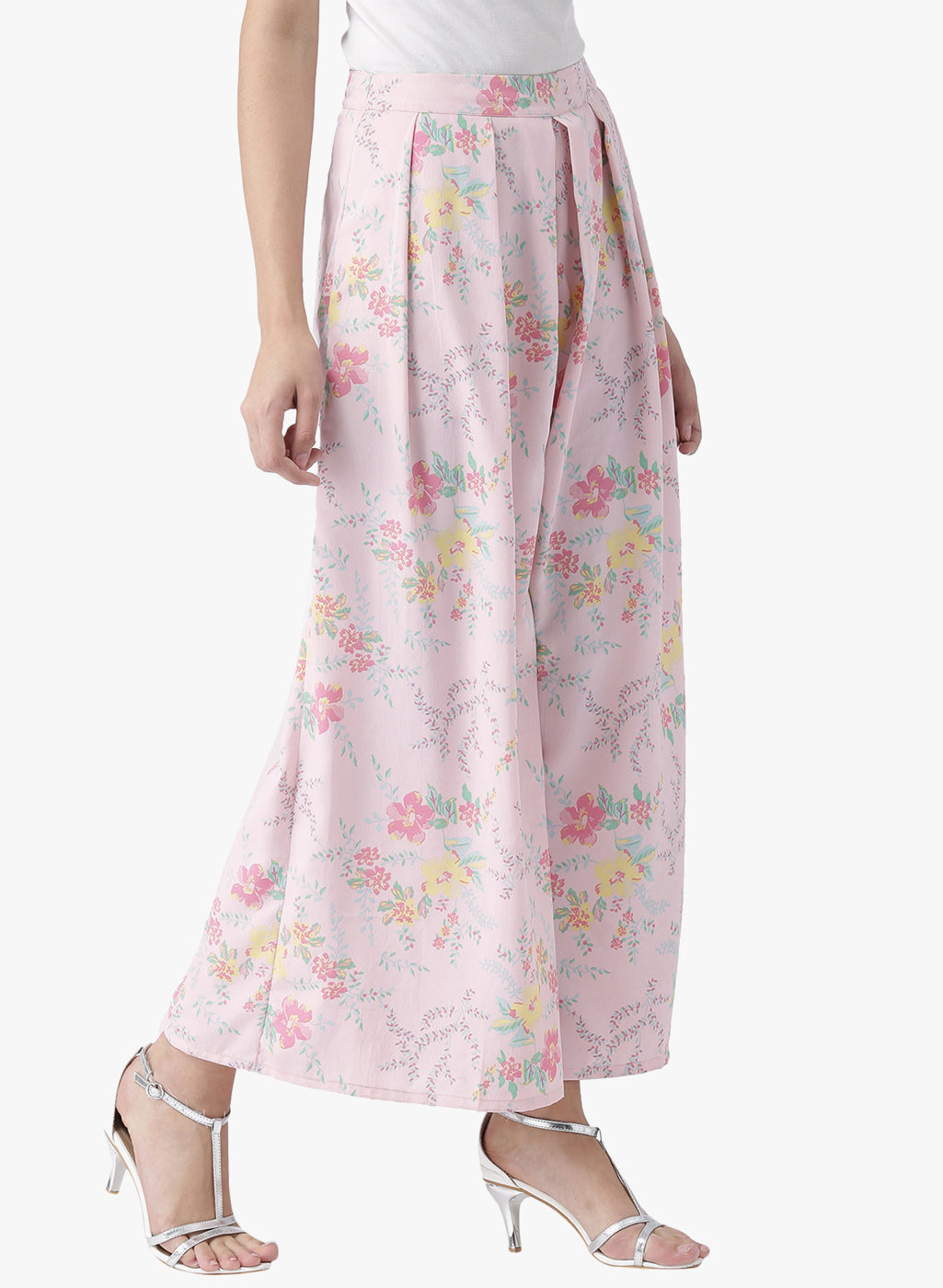 Women's Pink Floral Printed Wide-Leg Palazzo Pants with Pleats