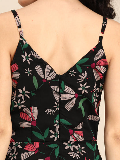 Black Floral High-Low Dress for Women Spaghetti Strap Asymmetric Hem Dress with Bow Detail