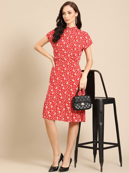 Red Floral Midi Dress for Women – High Neck Short Sleeve Summer Dress with Ruffle Hem