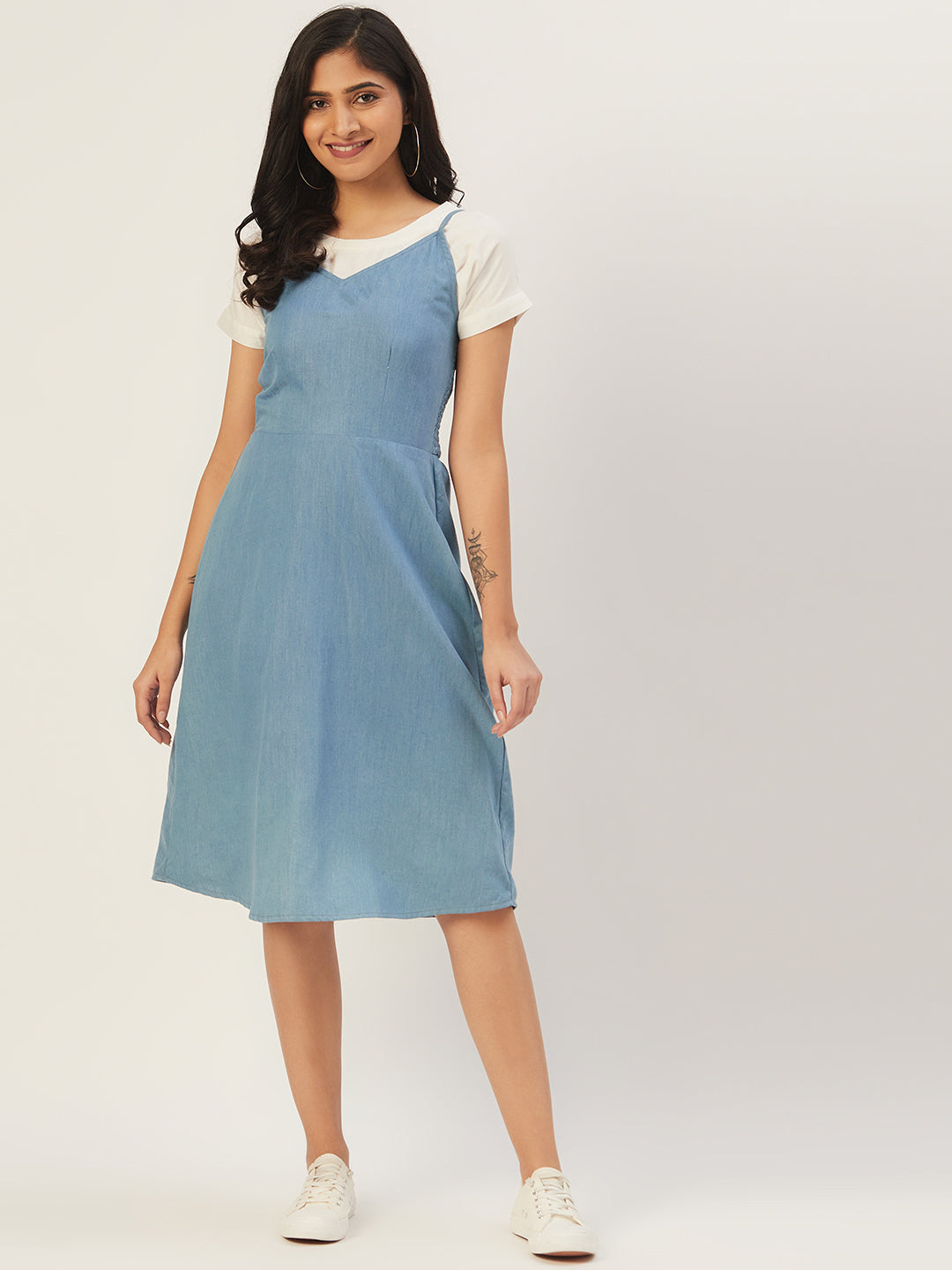 Blue Denim Pinafore Dress with White T-Shirt for Women – Casual Layered Midi Dress