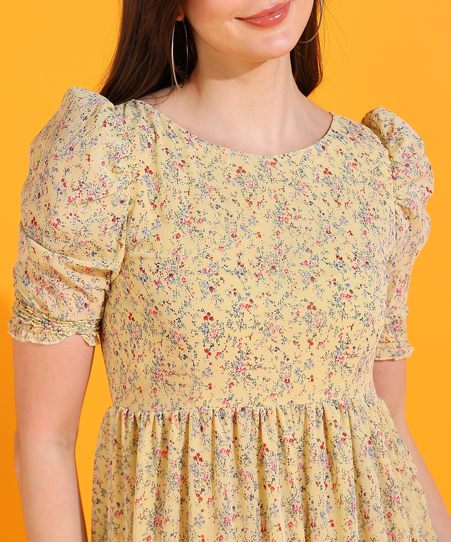 Yellow Floral Midi Dress with Puff Sleeves – Casual Summer Boho Dress for Women