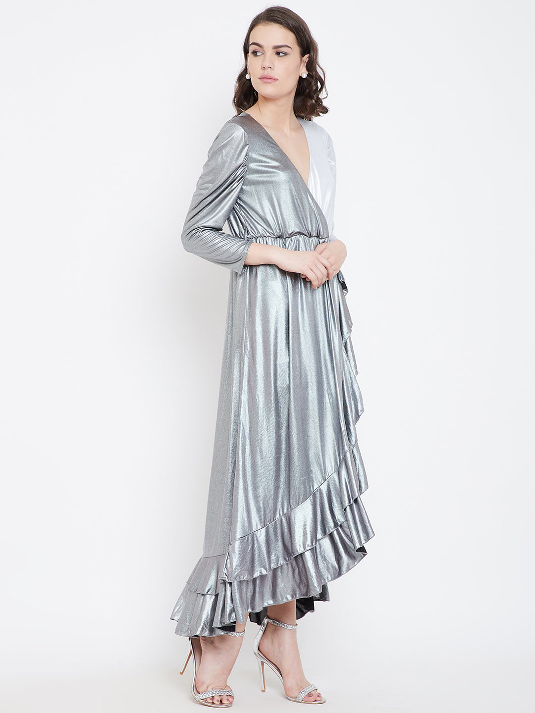 Metallic Silver High-Low Ruffle Dress with V-Neck and Full Sleeves