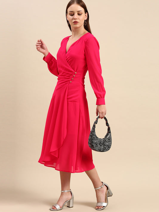 Pink Wrap Midi Dress - Long Sleeve, V-Neck, Button Detail