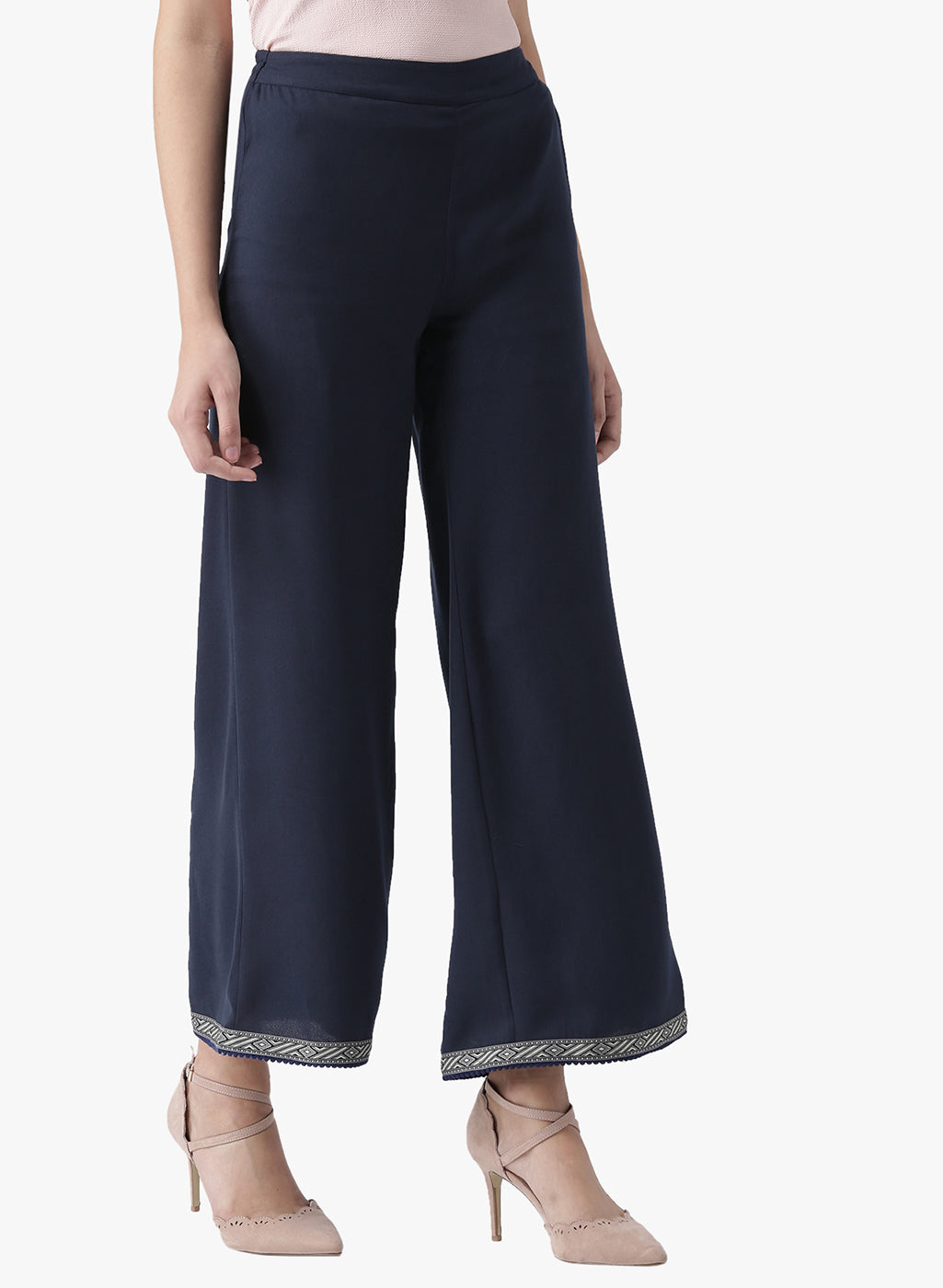 Women's Navy Blue Wide-Leg Pants with Embroidered Hem – Ethnic Casual Trousers