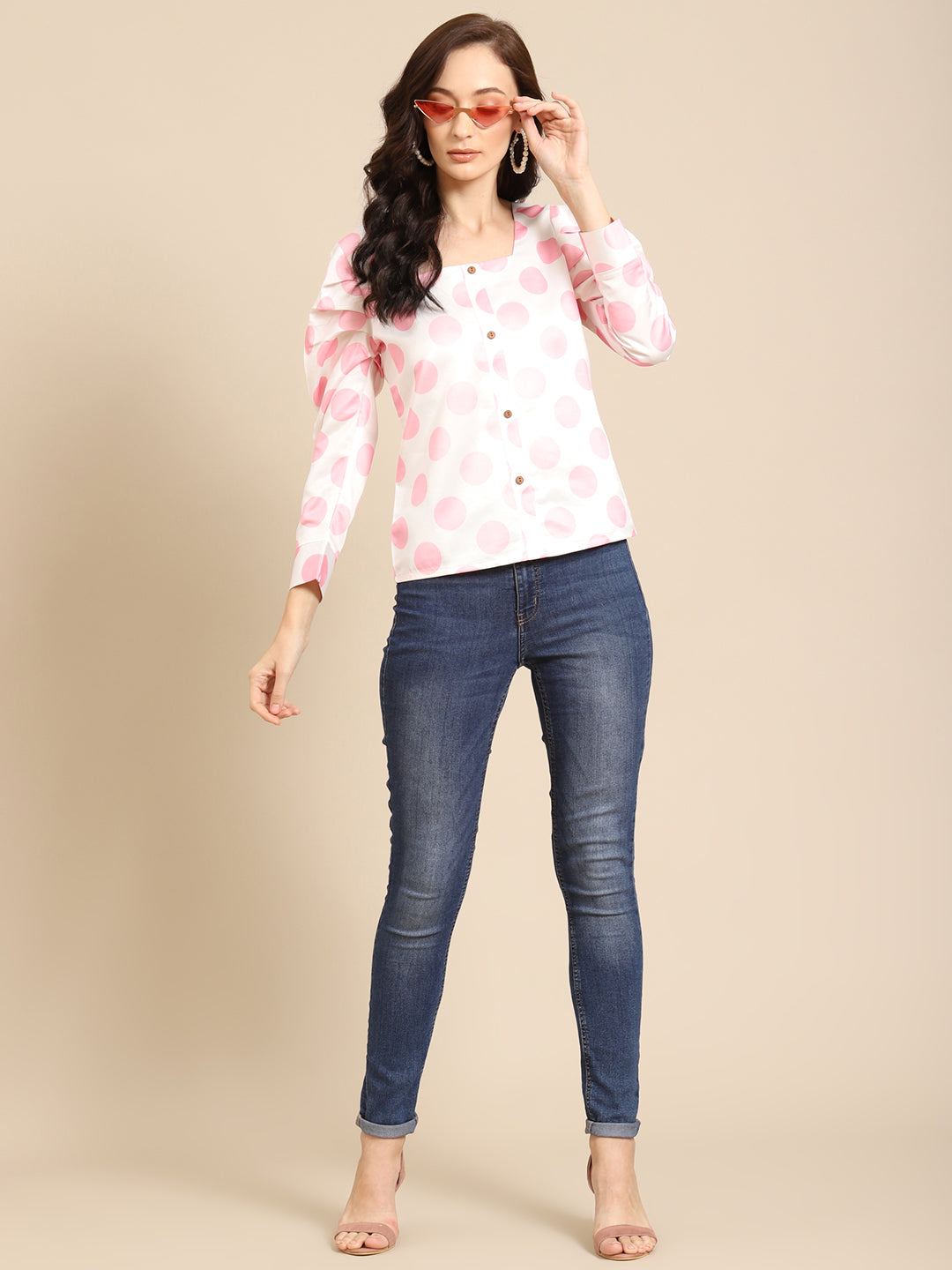 White and Pink Polka Dot Puff Sleeve Top for Women | Trendy Button Down Blouse