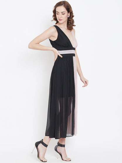 Sleeveless V-Neck Midi Dress in Black and Blush