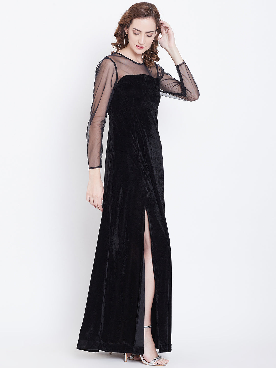Black Floor Length Gown with Sheer Net Yoke and Sleeves