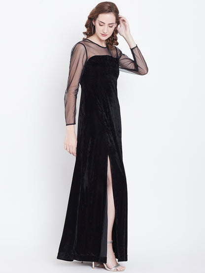 Black Floor Length Gown with Sheer Net Yoke and Sleeves