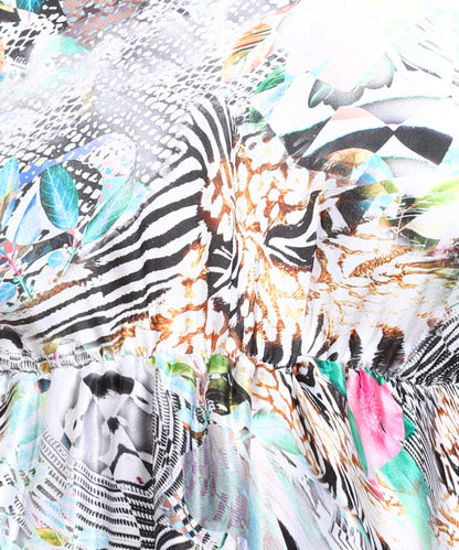 Floral Zebra Print Midi Dress with Sheer Black Sleeves – Elegant Collection