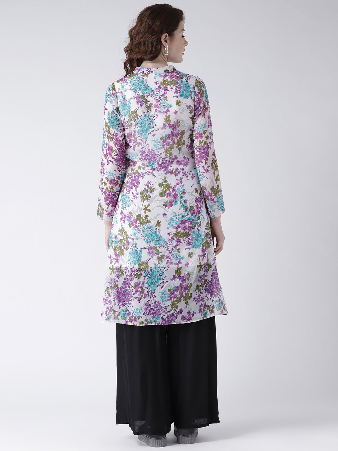 Women's Floral Front-Slit Kurta – Long Sleeve White Printed Kurta for Casual & Festive Wear