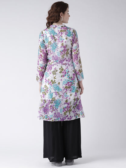 Women's Floral Front-Slit Kurta – Long Sleeve White Printed Kurta for Casual & Festive Wear