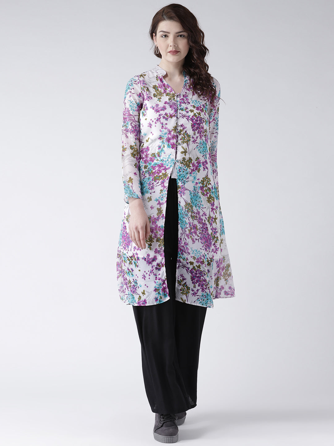 Women's Floral Front-Slit Kurta – Long Sleeve White Printed Kurta for Casual & Festive Wear