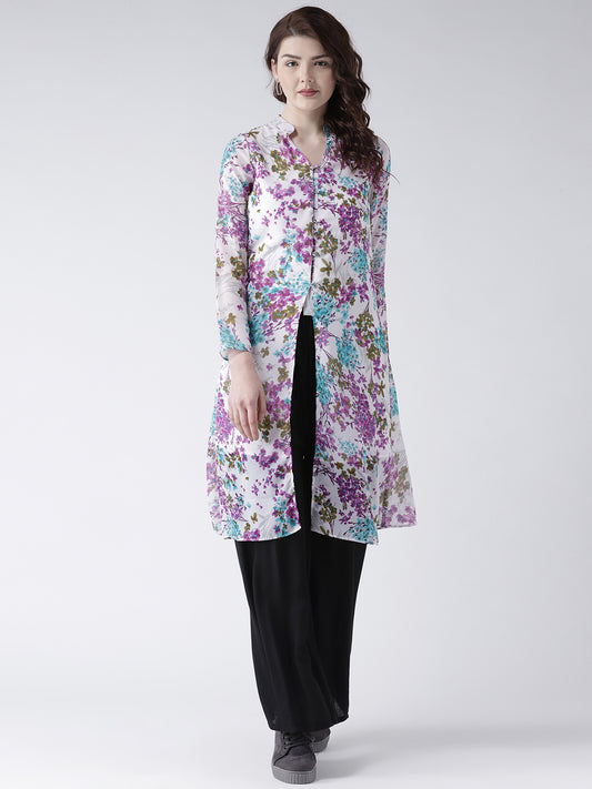 Women's Floral Front-Slit Kurta – Long Sleeve White Printed Kurta for Casual & Festive Wear