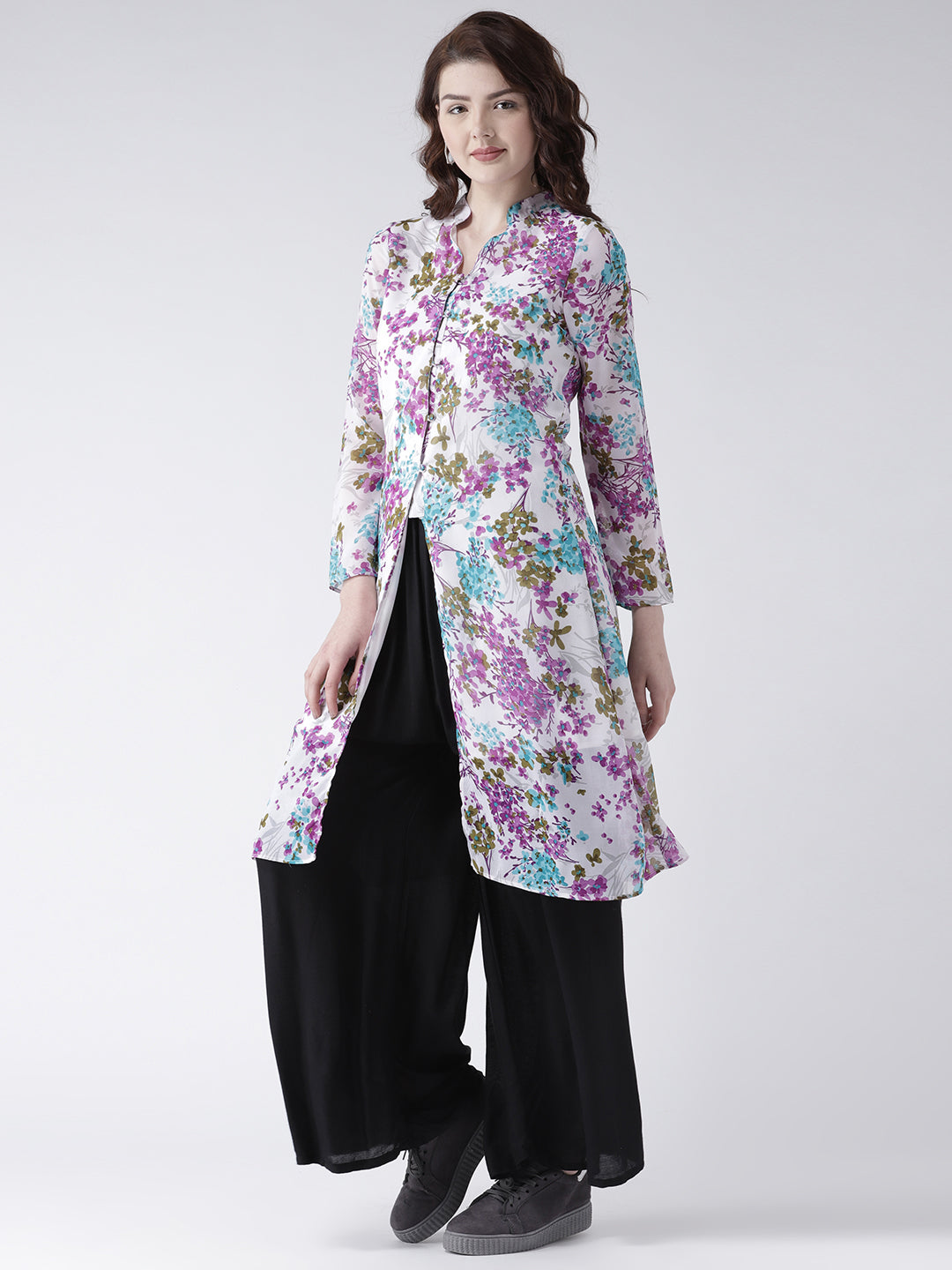 Women's Floral Front-Slit Kurta – Long Sleeve White Printed Kurta for Casual & Festive Wear