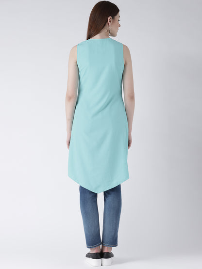 Sleeveless Mint Green Front-Slit Kurti for Women – Stylish Asymmetric Hem Kurti
