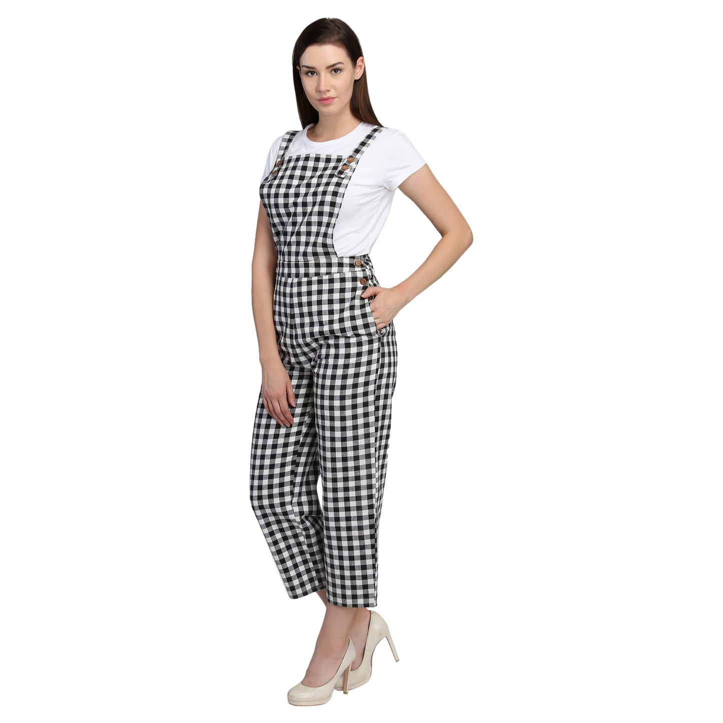 Black and White Checkered Dungaree Jumpsuit for Women – Casual Everyday Wear