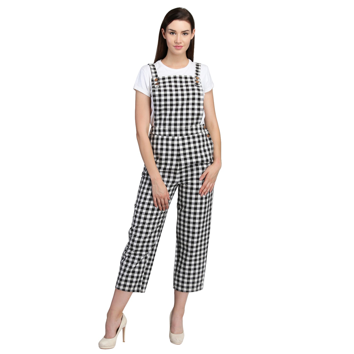 Black and White Checkered Dungaree Jumpsuit for Women – Casual Everyday Wear