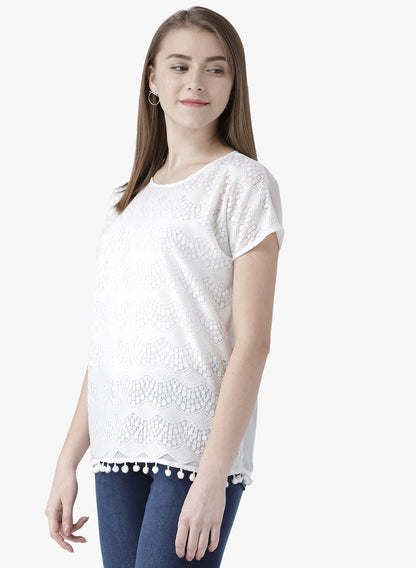 White Lace Casual Top for Women with Pom-Pom Hem – Elegant Round Neck Short Sleeve Top
