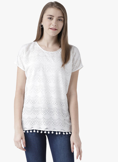 White Lace Casual Top for Women with Pom-Pom Hem – Elegant Round Neck Short Sleeve Top