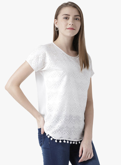 White Lace Casual Top for Women with Pom-Pom Hem – Elegant Round Neck Short Sleeve Top