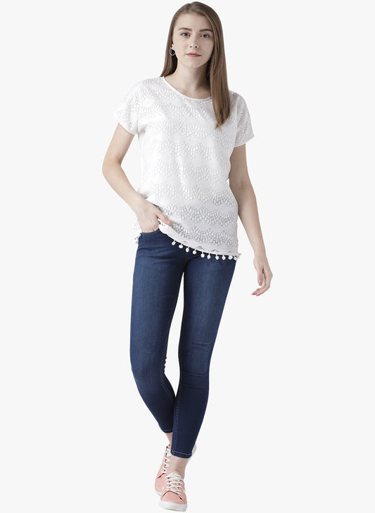 White Lace Casual Top for Women with Pom-Pom Hem – Elegant Round Neck Short Sleeve Top