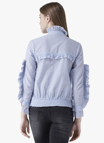 Stylish Blue Striped Ruffle Sleeve Top for Women | High Neck Long Sleeve Blouse