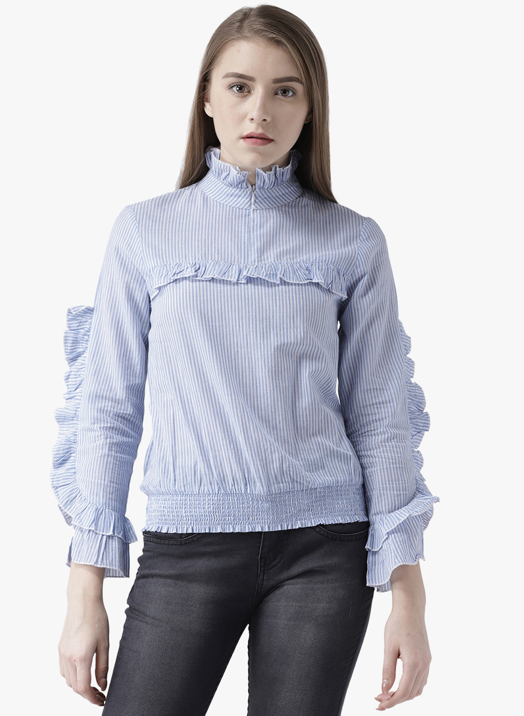 Stylish Blue Striped Ruffle Sleeve Top for Women | High Neck Long Sleeve Blouse