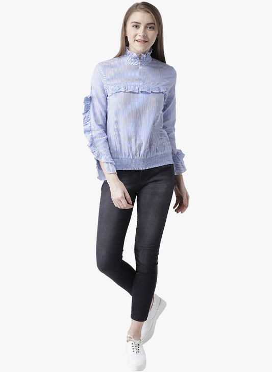 Stylish Blue Striped Ruffle Sleeve Top for Women | High Neck Long Sleeve Blouse