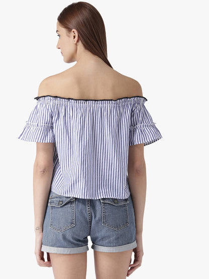 Women's Off-Shoulder Striped Top with Ruffled Sleeves