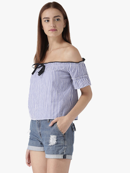 Women's Off-Shoulder Striped Top with Ruffled Sleeves