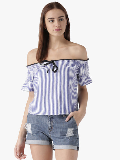 Women's Off-Shoulder Striped Top with Ruffled Sleeves