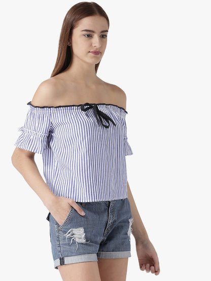Women's Off-Shoulder Striped Top with Ruffled Sleeves