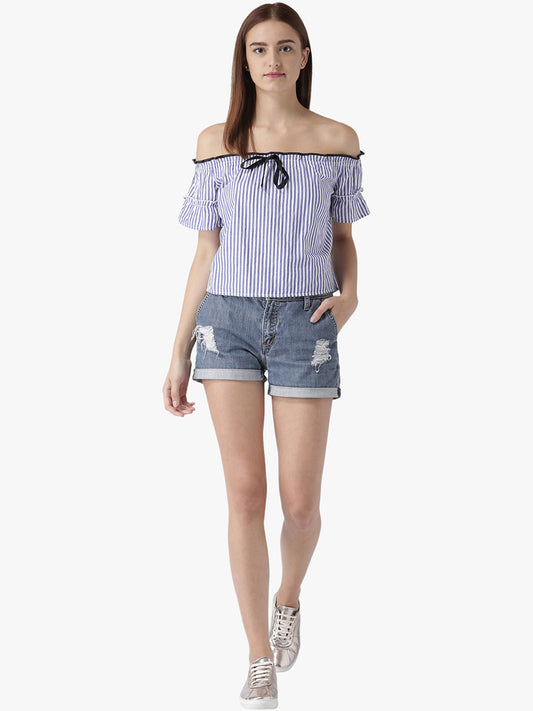 Women's Off-Shoulder Striped Top with Ruffled Sleeves