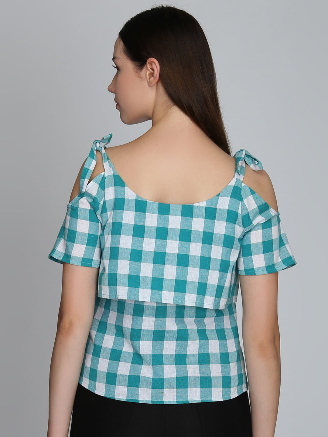 Blue Checkered Cold Shoulder Top with Tie-Up Straps – Casual Wear