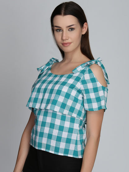 Blue Checkered Cold Shoulder Top with Tie-Up Straps – Casual Wear