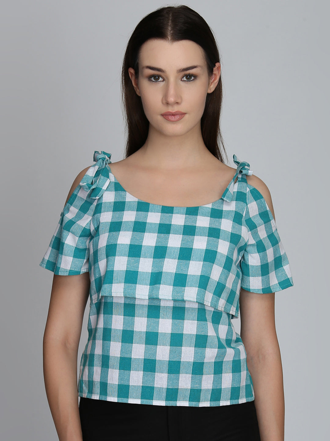 Blue Checkered Cold Shoulder Top with Tie-Up Straps – Casual Wear