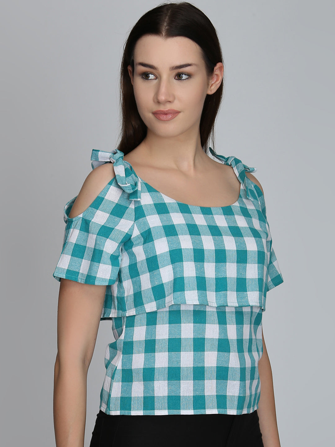 Blue Checkered Cold Shoulder Top with Tie-Up Straps – Casual Wear