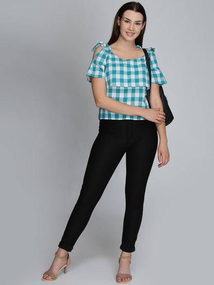 Blue Checkered Cold Shoulder Top with Tie-Up Straps – Casual Wear