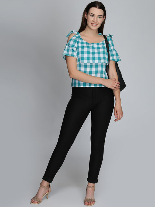 Blue Checkered Cold Shoulder Top with Tie-Up Straps – Casual Wear