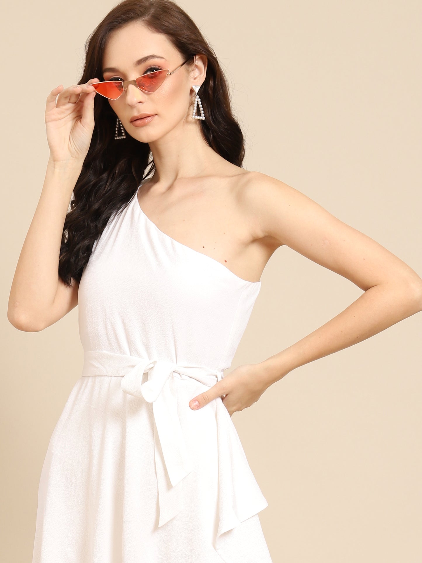 Elegant White One-Shoulder Asymmetric Dress for Women | Belted Party Dress
