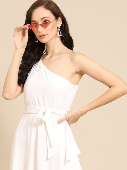 Elegant White One-Shoulder Asymmetric Dress for Women | Belted Party Dress