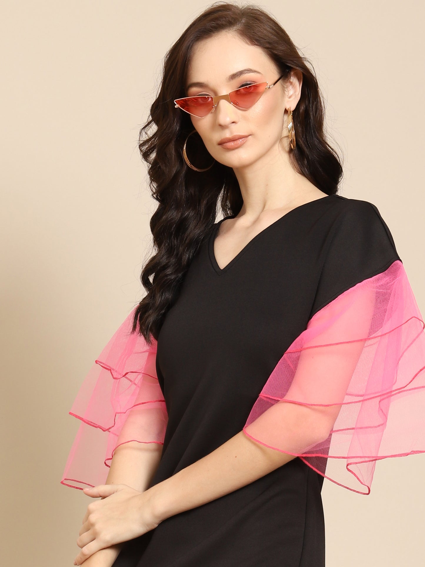 Black V-Neck Mini Dress with Pink Organza Ruffle Sleeves – Trendy Party Wear for Women