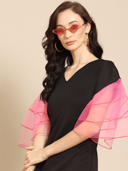 Black V-Neck Mini Dress with Pink Organza Ruffle Sleeves – Trendy Party Wear for Women