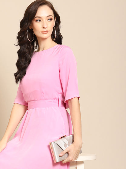 Elegant Pink Fit and Flare Midi Dress with Half Sleeves for Women